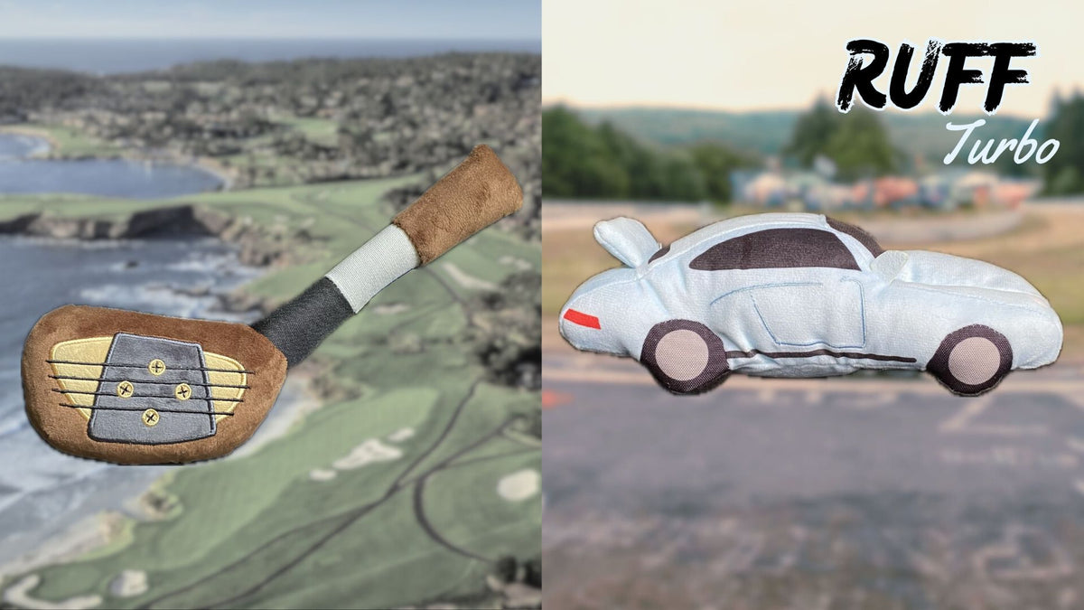 A split-screen display showing two plush pet toys: on the left, a golf-club-shaped plush toy set against a blurred coastal landscape; on the right, a blue car-shaped plush with dark wheels, set against a blurred race track background with the text 'RUFF Turbo' in the top right.